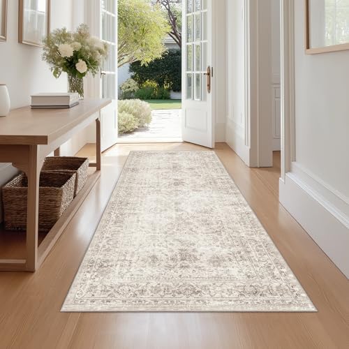 Beauoop Runner Rug Beige Washable Vintage Neutral Distressed Non Slip Low Pile 60x240 cm Indoor Carpet Soft Retro Hallway Entryway Rug for Kitchen Living Room Bedroom Bathroom Laundry Entry Bedside