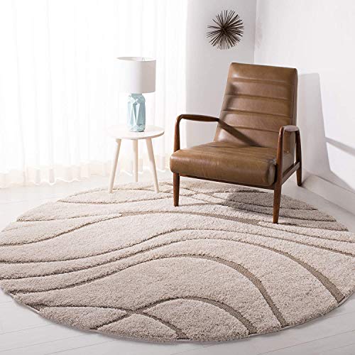 Image of Geometric Wave Round Shaggy Carpet for Living Room, Bedroom, High Low Design Finish Microfiber 1.8 Inch Pile High, 8x8 Feet Ivory|Beige Color
