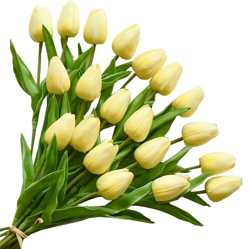 Image of ONLY ART Artificial Light Yellow Tulips 20 Pcs - 13.5 Inch PU Faux Flowers with Bendable Stems for Home Decor, Wedding Centerpieces, DIY Floral Arrangements, New Year and Valentine's Day