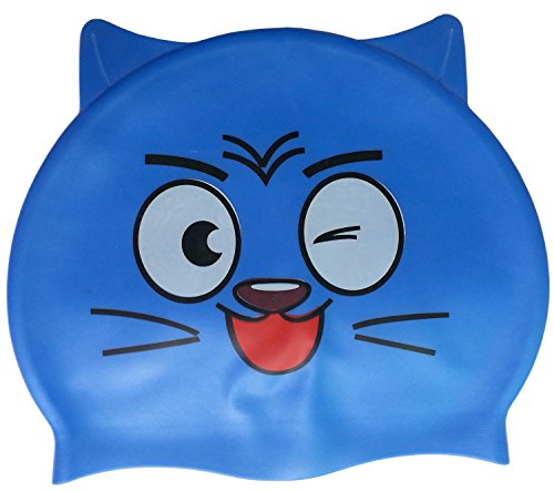 Easyglide Bonnet de bain en silicone pour enfant Motif chat Bleu