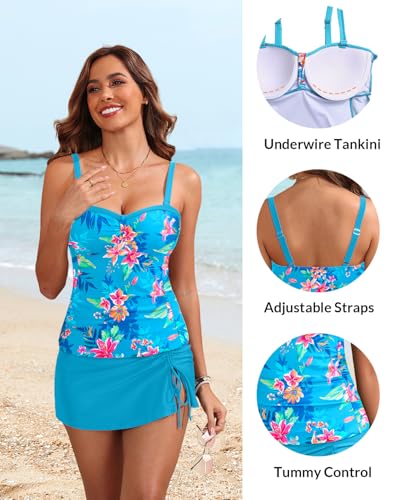 Image of Yonique Womens Underwire Tankini Swimsuits with Skirt Two Piece Bathing Suits Tummy Control Swimwear