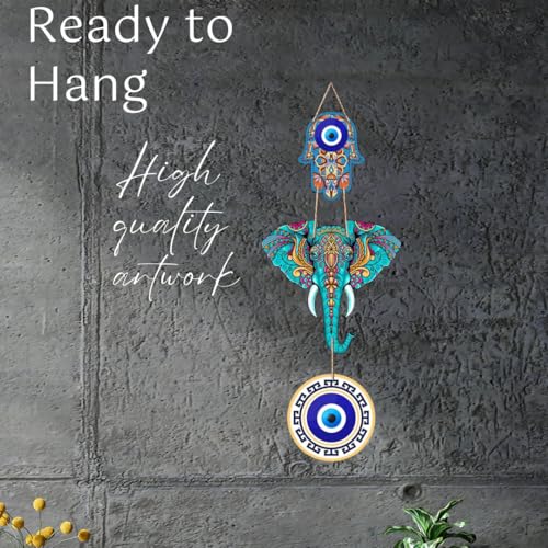 Image of DAKSHESTRY ARTWORKS Evil Eye Wall Hanging | Nazar Protection Hanging with Elephant & Hamsa Hand | Boho Spiritual Home Decor | Ready to Hang Decorative Wall Accent (ewh)