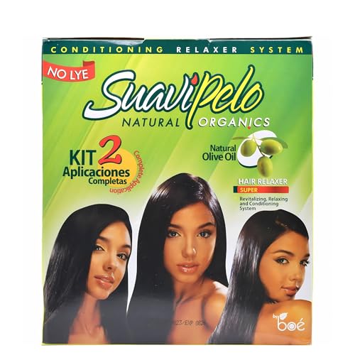 Suavipelo No-Lye Hair Relaxer Kit - Natural Organics Straightening System with Extra Virgin Olive Oil - Conditioning & Revitalizing - 2 Application Kit - Includes Shampoo & Gloves