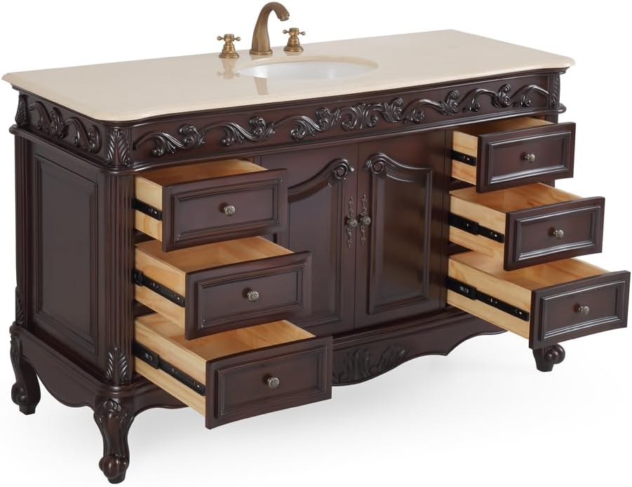 Benton Collection 56 Inch Beckham Free-Standing Bathroom Vanity, Cherry Brown Finish, Single Sink, Cream Marble Top, Porcelain White Undermount Sink, 6 Drawers, Cabinet Storage Model CF-3882M-TK-56