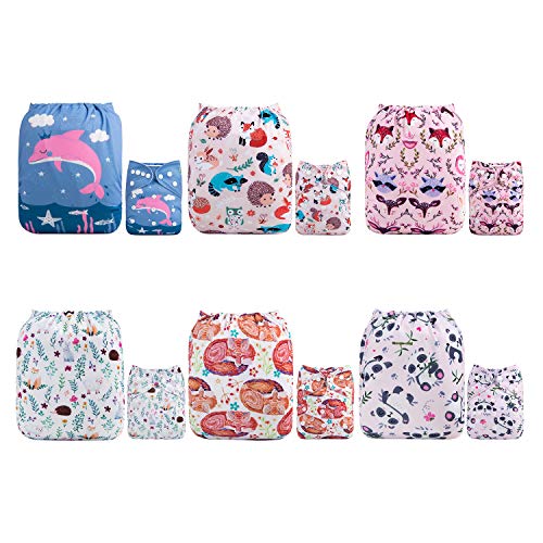 Image of ALVABABY 6 Pack Cloth Diaper with 12 Inserts One Size Adjustable Washable Reusable Diaper Cover for Baby Girls and Boys