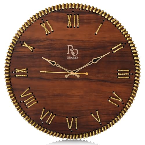 Image of Wooden Round Shape Roman Dial Wall Clock with Gold Zari Rope Detailing and Golden Hands | Silent Quartz Movement Anti Reflection Analog Vintage Clock for Home & Office (Brown, 15.5 Inch)