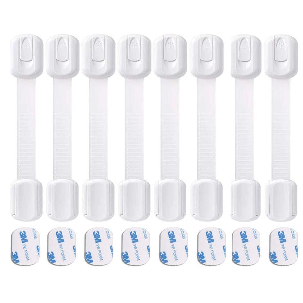 8 Pack Multi-Use Child proofing Straps Locks - Baby Proofing Cabinet Latches with 8 Extra 3M Adhesives to Cupboard, Drawer, Fridge, Toilet-Seat, Oven, Door, Window, Trash Can - No Drilling (White)