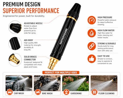 Image of GAOYASHUIQIANG High Pressure Car Wash Spray Gun, Brass and ABS, Adjustable Nozzle, Jet and Fan Spray, for Car, Bike, Gardening, Floor Cleaning