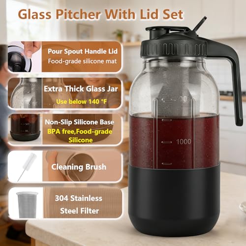 Image of Cold Brew Coffee Maker, 64oz Mason Jar Pitcher with Stainless Steel Filter, Leak-Proof Lid with Pour Spout & Handle, Heavy Duty Glass Iced Coffee Tea Brewer with Protective Silicone Sleeve-Black