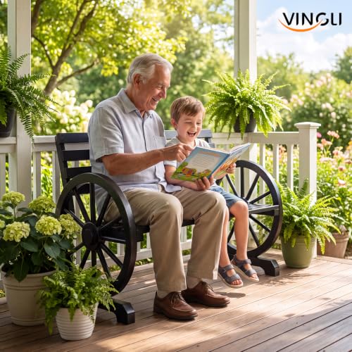 Image of VINGLI Rustic Wooden Wheel Bench Outdoor Bench, Patio Bench Wagon Slatted Seat, Garden Benches for Outdoors 350lbs High Capacity, Weather Resistance (Black, 41in)