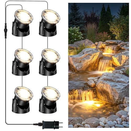 POPOSOAP LED Underwater Pond Lights 6-Head IP68 Waterproof Pond Lights with Timer 90 Rotatable Design & Gravity Base Fountain Lights for Pond Fountain Waterfall Aquarium Pool -P66HZ