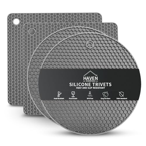 Image of Haven Essentials Silicone Trivets – Pack of 4 Honeycomb Heat Resistant Hot Pads, BPA-Free Non-Slip Silicone Mats, 18cm Thick Dish, Pot & Pan Protectors for Kitchen Countertops & Dining Table (Grey)