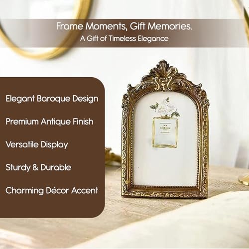 Image of Ekhasa Nostrae Golden Vintage Resin Photo Frame with Glass | 4.7 x 3.5 Inch Baroque Style Ornate Tabletop Picture Frame | Elegant Antique Decorative Frame for Desk, Bedroom & Gift Decor