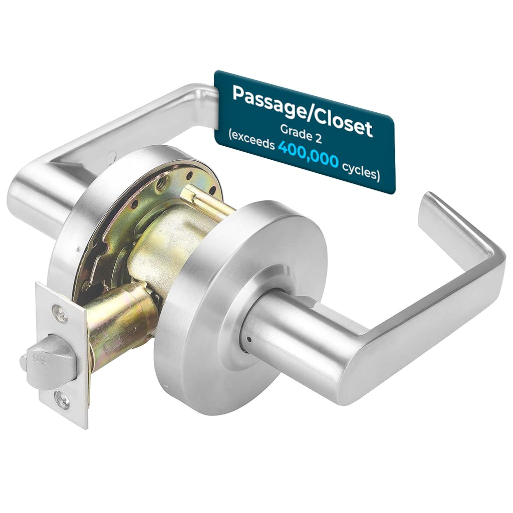 LO-Lock Passage/Closet Commercial Lever Door Lock, ADA, Non-Handed | Door Handle for Commercial Interiors, Cylindrical Lever Lockset, Grade 2, ANSI Strike, 26D Satin Chrome