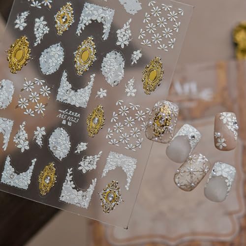 Image of White Lace Nail Stickers Decals Carved Nail Decals Flower Nail Art Stickers | 5D Embossed Self Adhesive Gold Frame Floral Rhinestone Design Nail Decals for Women Manicure Decor Accessories Supply 1 Sheet