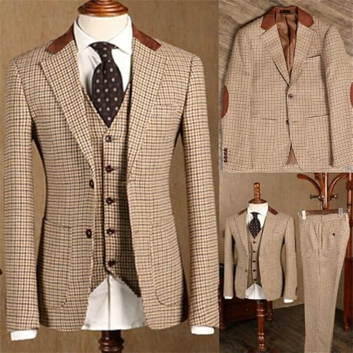 Retro 3 Piece Brown Tweed Herringbone Wedding Suits Regular Fit Blazer Vest Pants Set for Prom Dinner Business2
