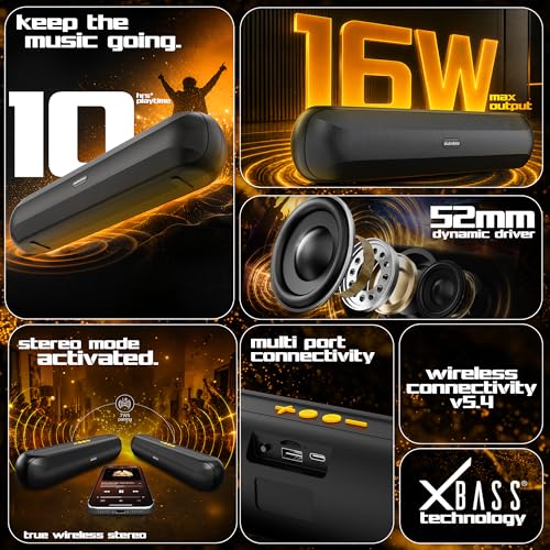 Image of Dubstep Pop1600 Wireless Bluetooth Speaker, 16W with 52mm Driver, Bluetooth 5.4, TWS Pairing, USB /TF Card, Type-C Charging, 10 Hours Playtime, Portable (Black)