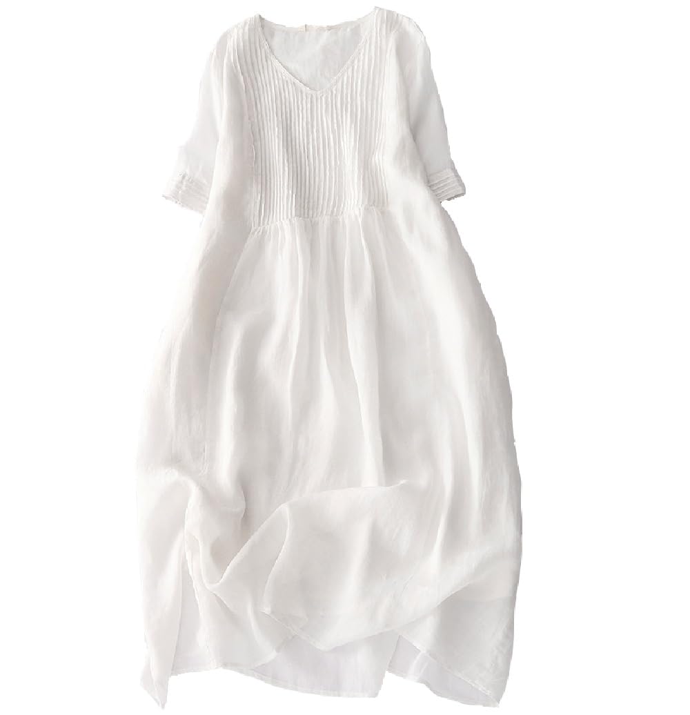 BWGHBH Vestido Largo con Cuello en V de Ramio Vestidos Casuales de Manga Corta para Mujer