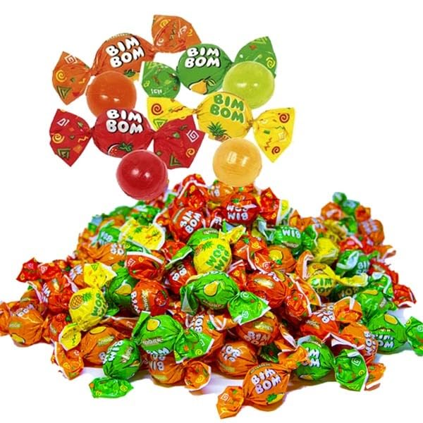 Roshen Bim Bom, Caramelos Dros Rellenos de Masticables con Sabores Frutales, Bolsa de 1KG, Fabricados en Ucrania