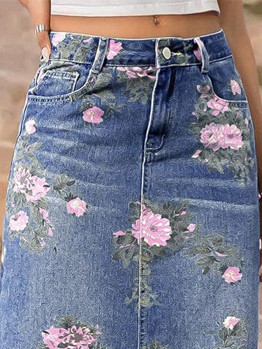 Flamingals Women's High Rise Allover Floral Print Raw Hem Split Back Midi Denim Skirt2