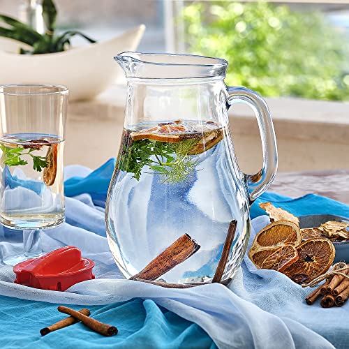 Glass Water Pitcher with Lid and Spout, Jug with Glass Handle for Iced Tea Juice Water Soda, Old-Fashioned Classic Beverage Pitcher and Carafe, 62 oz Capacity (Red Lid)