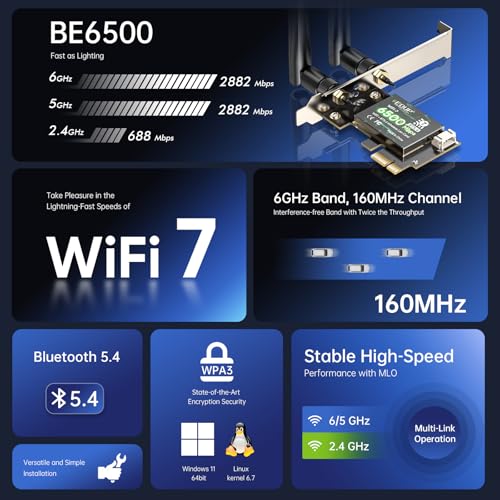 Image of EDUP PCIE WiFi 7 Card BE6500 Wi-Fi 7 Wireless Network Card for PC | Bluetooth 5.4 Tri-Band 6G /5G /2.4Ghz OFDMA 802.11be, Compatible with Intel / AMD Windows 11 (64-Bit)
