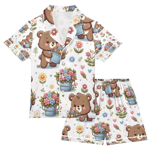 senya Bear and Flower Bucket Satin Summer Pajama Sets Silk Short Sleeve Button Down Sleepwear