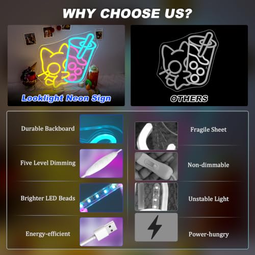 Image of Looklight Cat Boba Tea Neon Sign Yellow Cute Kitty Bubble Tea Neon Signs for Wall Decor LED Neon Light Bar Sign Light Up Signs for Dimsum Store Bar Milk Tea Shop