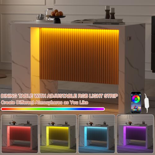 Image of Faux Marble Kitchen Island Table with Storage,LED Lights and Power Outlet | Imitation Marble Dining Table with Grille Design, Modern Rectangular Kitchen Dining Table for Dining Room,Living Room