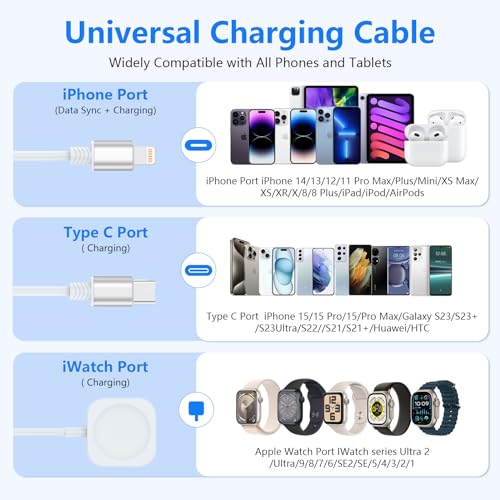 3 in 1 Multi Charging Retractable iWatch Charger Cable, Universal USB to Lightning/USB C 4FT Short Charger Cord, Compatible with Apple Watch Ultra/SE/9/8/7/6/5/4 & iPhone15/14/Android