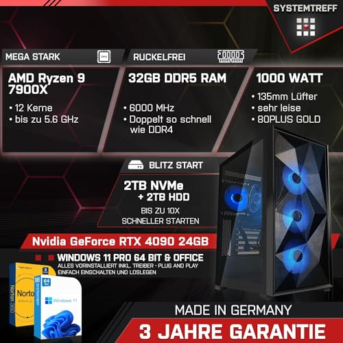 SYSTEMTREFF High-End Gaming PC AMD Ryzen 9 7900X 12x5.6GHz | Nvidia GeForce RTX 4090 24GB DX12 | 2TB M.2 NVMe + 2TB HDD | 32GB DDR5 RAM | WLAN Desktop Computer Rechner für Gamer, Zocker & Streamer – Bild 3