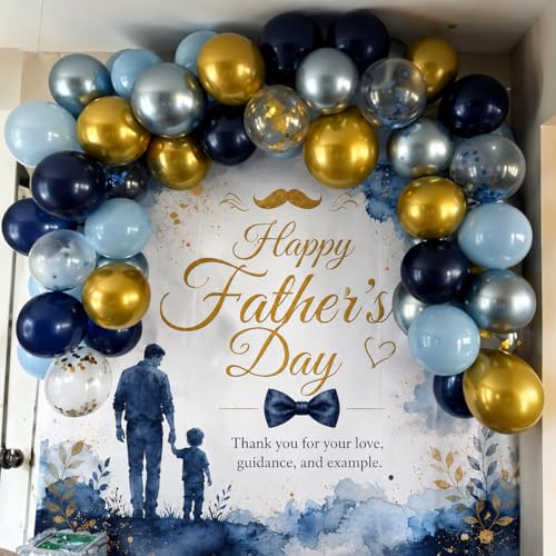 Image of Blue Gold Balloons Garland Arch Kit, Navy Blue Light Blue Metallic Gold Blue Balloon Arch Kit, Macaron Blue Gold Confetti Balloon for Father's Day Dad Birthday Graduation Baby Shower Party Decorations