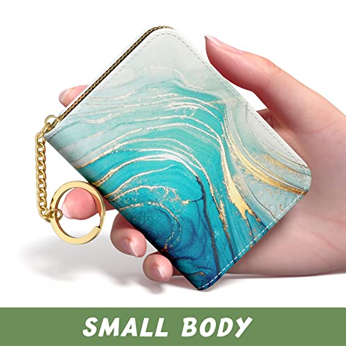 Image of Aiawoxc Credit Card Holder for Women, Small RFID Wallet Slim Leather Card Organizer Case with Zipper and Keychain, Cyan Marble