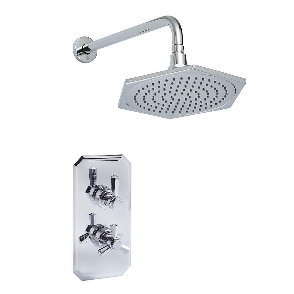 Milano Chrome Earlham Art Deco Twin Thermostatic Mixer Valve Rainfall Shower Head Wall Arm