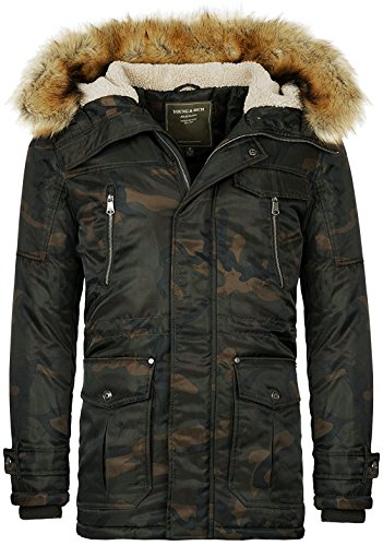 Young & Rich Herren Camouflage Parka Winter Jacke Kapuze mit Kunstfell Tarn Militär Optik Look Warm gefüttert JK-457, Grösse:M, Farbe:Camouflage