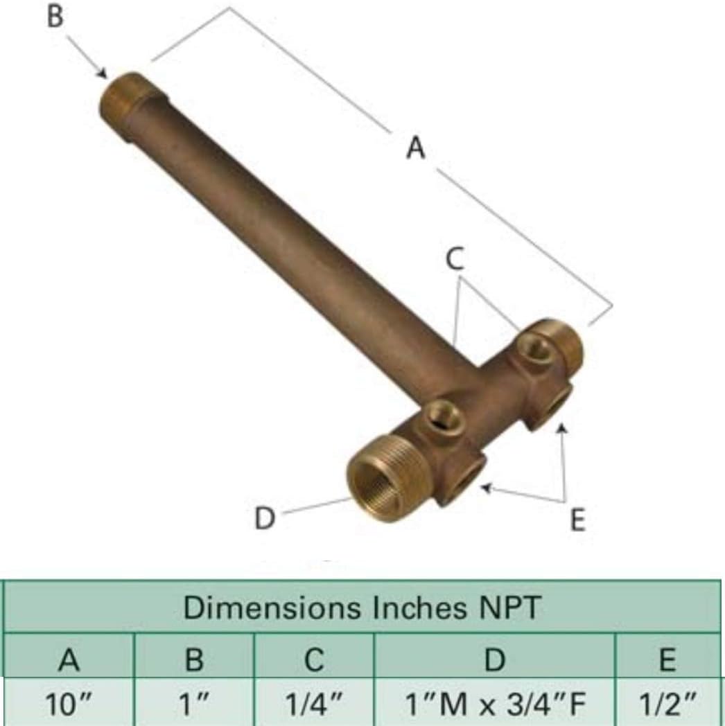 H2O PRO 10 inch x 1 inch Brass Tank Tee Cross with Multiple Ports, Connects Pump Water Line to Pressure Tank, Accepts Pressure Switch/Gauge and Snifter/Relief Valve - 024795