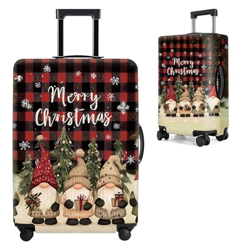 Image of Christmas Luggage Cover - Festive Gnome Suitcase Protector with Red Plaid & Snowflake Design - Stretch Travel Cover for 20-22 Inch Luggage,S