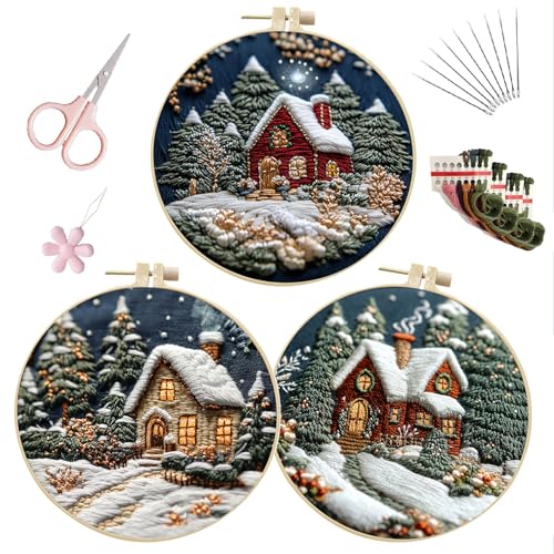 Image of EOBTAIN 3 Pcs Winter Christmas Embroidery Kit for Beginners,Christmas Village Embroidery Starter Kit Green Xmas Tree Snow Scene Stamped Patterns with Hoop,Thread,Needles,Hand DIY Craft Kits for Adults