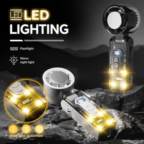 Image of Portable Handheld Fan with Cooling Plate for Personal Travel | Small Turbo Cooler with Lanyard, LED Flashlight for Camping Outdoor, High Speed Cold Air, Rechargeable Foldable Desk Item