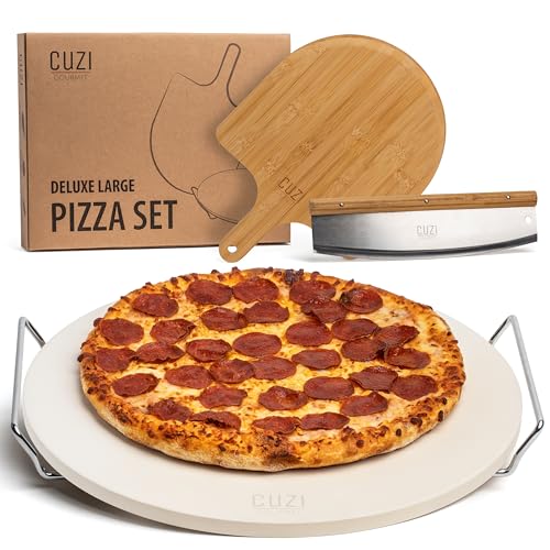 Cuzi Gourmet 4-Piece Large Pizza Stone Set - 13' Thermal Shock Resistant Cordierite Pizza Stone with Handle Rack, 19' Natural Bamboo Pizza Peel & Pizza Cutter - Large Baking Stone for Grill and Oven