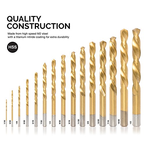 Image of NEIKO 10037A Left-Hand Drill-Bit Set, High-Speed Steel Drills with Titanium Nitride Coating, Reverse-Twist Drill Bits, SAE Sizes, 15-Piece Set