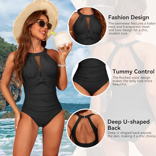Zando High Neck Swimsuits for Women 2025 Mesh Tummy Control One Piece Swimsuit Bathing Suit3