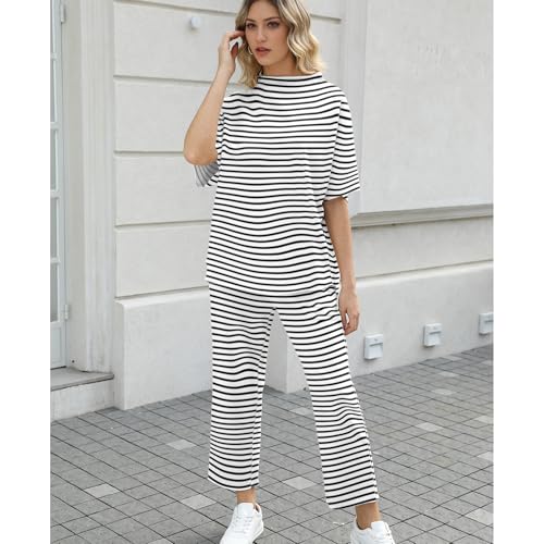 Image of SeeLuNa Women's Two Piece Outfits 3 /4 Batwing Sleeve Capelet Crew Neck Pullover Top Wide Leg Pants Lounge Set(White-Black,M)
