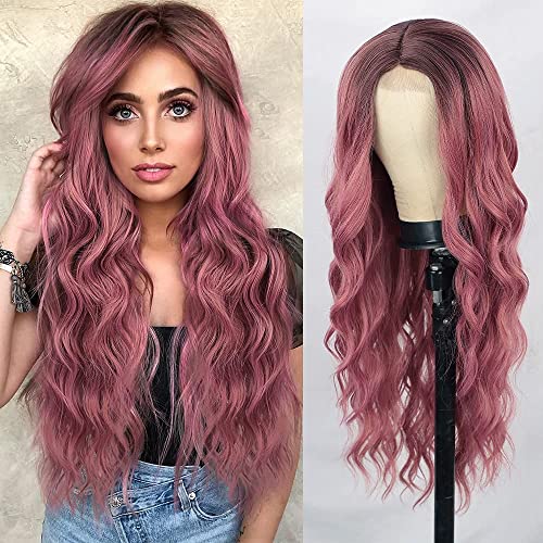 Lativ Long Wavy Wig For Women Ombre Purple Wigs Middle Part Curly Synthetic Hair Natural Looking Heat Resistant Fiber For Daily Party Cosplay Use