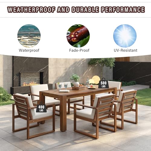 Image of Outdoor Patio Dining Table and Chairs Set for 6, 7 PCS Patio Furniture Set | Outdoor Dining Set for 6 with Umbrella Hole, Wood Frame with Removable Cushion for Garden, Backyard, Lawn and Poolside