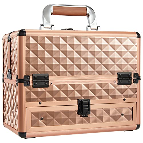 Joligrace Makeup Train Cases Box Organizer Professional Travel Makeup Cosmetic Storage Cases Portable Lockable with Drawer Rose Gold
