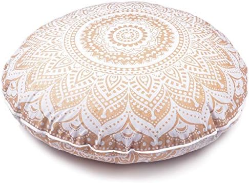 GDONLINE Indian Mandala Cotton Handmade Gold Ombre Round Floor Pillow Ethnic Round Floor Cushion Case Art Ombre Mandala Yoga Mat 32x32 Round