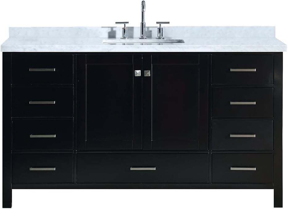 ARIEL DKB Beckford 60-Inch Espresso Bathroom Vanity with Single Rectangular Undermount Sink, 1.5-Inch Carrara Marble Countertop, Solid Wood Frame, 2 Soft Closing Doors & 9 Drawers