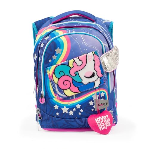 GO POP Zaino Unicorn Estensibile Round Per Bambine, 3 Scomparti E Tasche Interne, Schienale E Spallacci Imbottiti, Con Fascia Personalizzata E Pop Up, Per Scuole Elementari e Medie