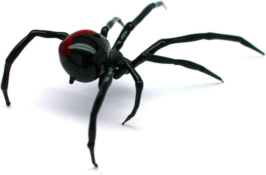 Handmade Glass Black Widow Spider Figurine – Blown Glass Insect Sculpture with Red Mark, Artistic Miniature Collectible for Halloween and Gothic Décor